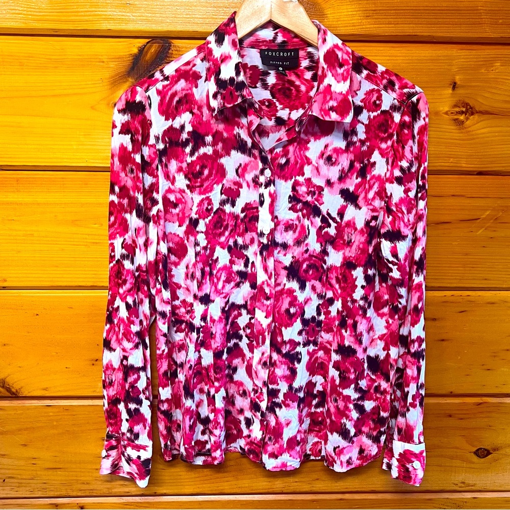 Foxcroft Red and Pink Floral Long Sleeve Button Down Colorful Blouse 10